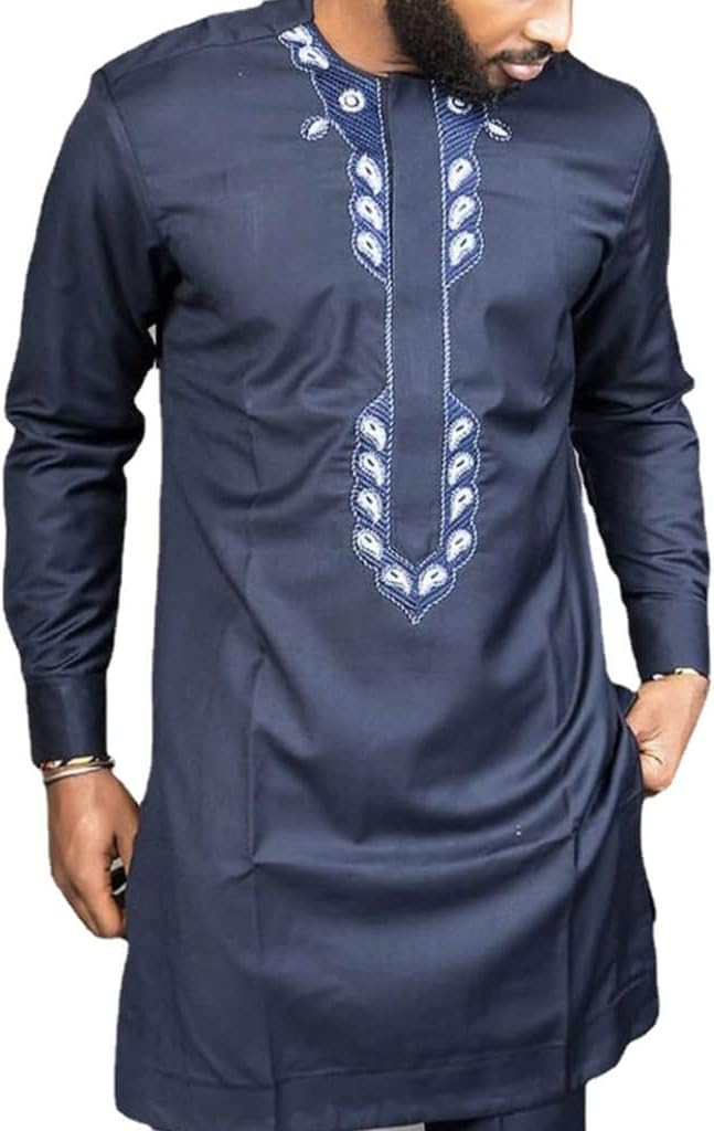 African Men Clothes Traditional Shirt Crew Neck Dashiki Printed Tops Tracksuit Tribal Dress Outfits (Color : Blue, Size : Large)