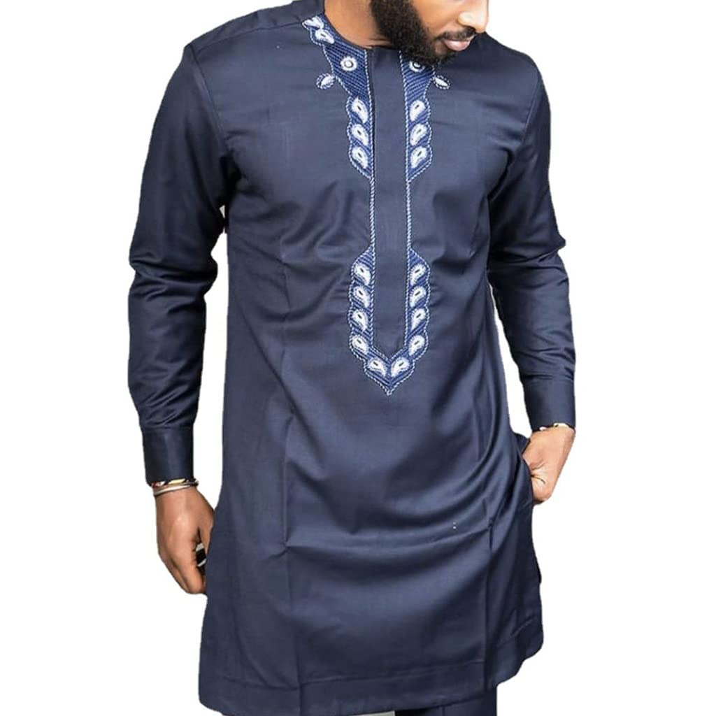 Rvoln Men's Blue African Clothes Traditional Shirt Crew Neck Dashiki Printed Tops Tracksuit Tribal Dress Outfits (Color : Size : 4XL)