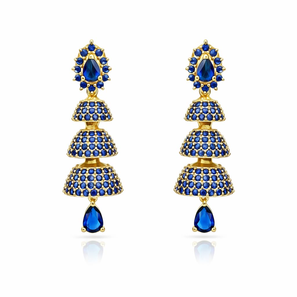 Earrings for Women Jhumka 3 Steps Layered Desgin | Micro Gold Plated | AD CZ Diamond Studded | Set of 2 | Traditional, Wedding & Festival Wear Jewelry (Blue)