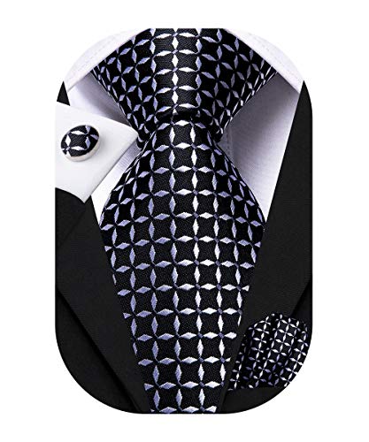Image of Hi-Tie Mens Plaid Ties Classic Paisley Necktie with Handkerchief Cufflinks Set Business Stripe Tie