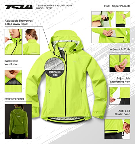 Tsla Women's Cycling Windbreaker Jacket, Waterproof Running Workout Rain Jackets, Packable Reflective Hiking Hoodie, Cycling Neon Yellow, Small #TOP2