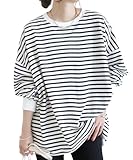 [Elixio] [エリクシオ] レディース ボーダー トップス カットソー ロンT ゆったり 大きいサイズ 長袖tシャツ 長袖 秋 カジュアル 大きめ おしゃれ 綿 コットン ワイドシルエット 定番 (M, 白×黒ボーダー)