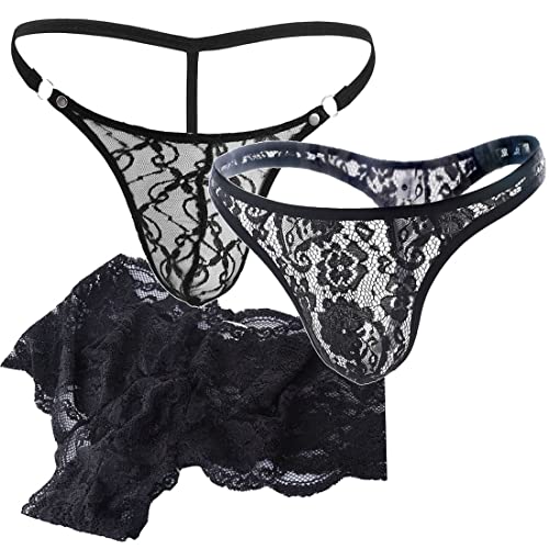 VemeFufu Men's Thong Lace Underwear Briefs Boxers Underpants for Men UK Hot Funny Mankini G-String Low Rise Stretchy Lingerie Costume 3 Pack Black