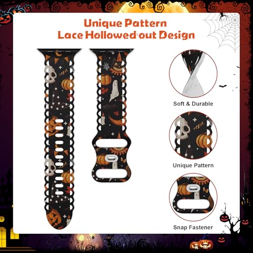 Image of Compatible with Apple Watch Band 41mm 40mm 38mm 49mm 45mm 44mm 42mm Women Girl, Halloween Hollow Soft Silicone Sports Strap For iWatch Ultra SE Series 10 9 8 7 6 5 4 3 2, Skull Pumpkin-42