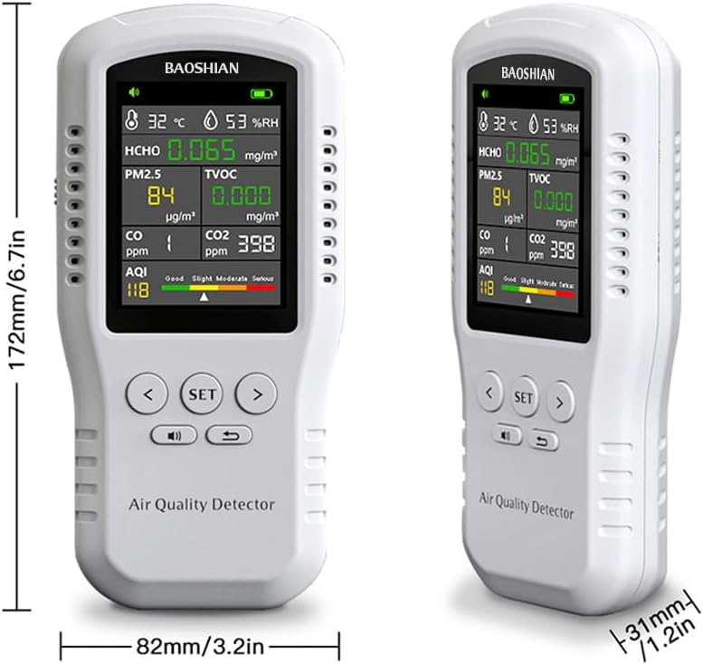 MOESAPU Air Quality Monitor with dimensions 172mm/6.7in height, 82mm/3.2in width, and 31mm/1.2in thickness