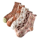 ZHITE 5 Pairs Floral Socks Women Nordic Stripe Textured Flower Cotton Socks, Girls Vintage Cute Flower Sweet Socks (5-C)