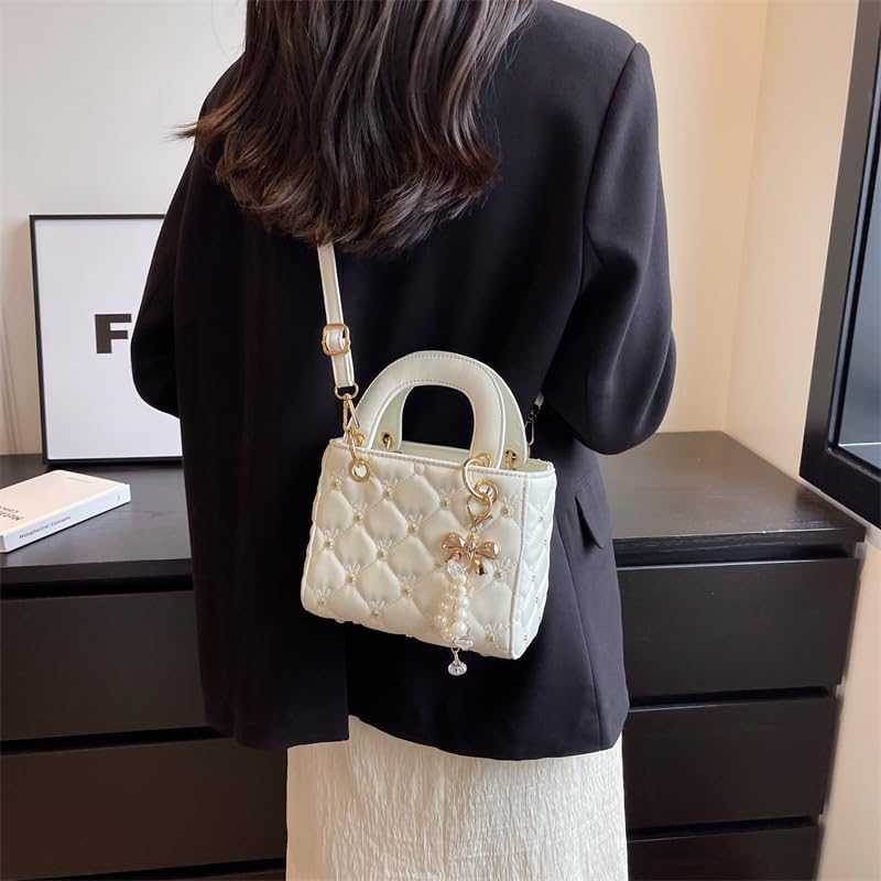 Quilted Handbag for Women, Cream Tote Bag with Pearl Bow Charm, Versatile Shoulder Crossbody Purse