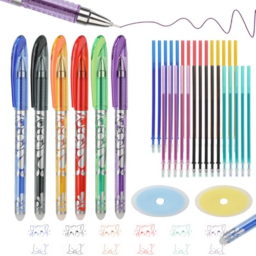 MOTIBACK Set complet de stylos effaçables : 6 stylos (6 couleurs) + 30 recharges + 2 pneus, 0,5 mm pour école primaire, stylo thermoeffaçable