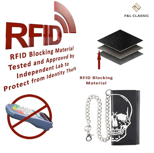 Image of F&L CLASSIC RFID Blocking Mens Tri-fold Long Style Leather Steel Chain Wallet,black skull,212-50