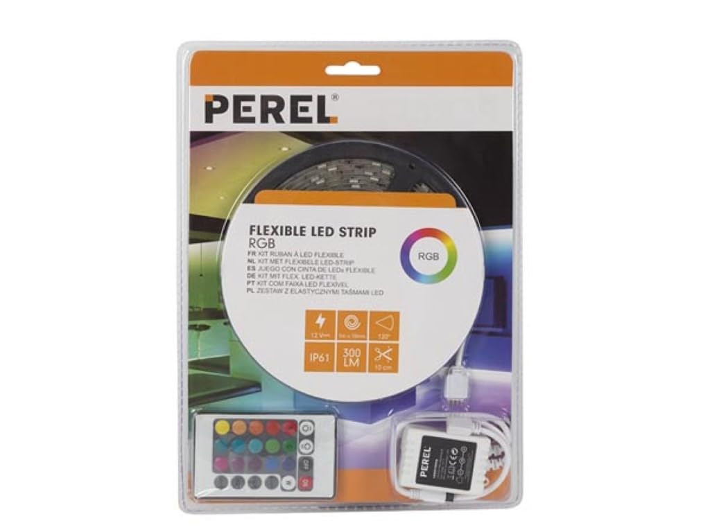 Perel Set di strisce LED con 150 LED luminosi 5050, controller RGB e alimentatore, facile controllo tramite telecomando IR incluso, flessibile e autoadesivo, rivestimento in PU, lunghezza 5 metri