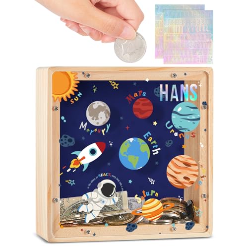 Image of ICOSY Piggy Bank for Kids, Wooden Framed Coin Bank | Personalized Money Box for Kids with DIY Name Alphabet Stickers and Clear Acrylic Window for Money Saving