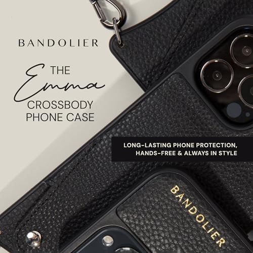 Image of Bandolier Emma Crossbody Phone Case and Wallet - Compatible with iPhone 16 Pro Max Genuine Pebbled Black Leather with 2 Pockets and Removable Shoulder Strap