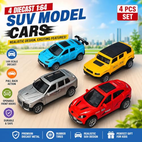 Image of Galaxy Hi-Tech SUV Die-Cast Pull Back 1:64 Toy Car Set of 4 with Openable Front Doors Mini Metal Racing and Collectible Cars for Kids and Collectors Realistic Model Beautiful Display Piece for Gift