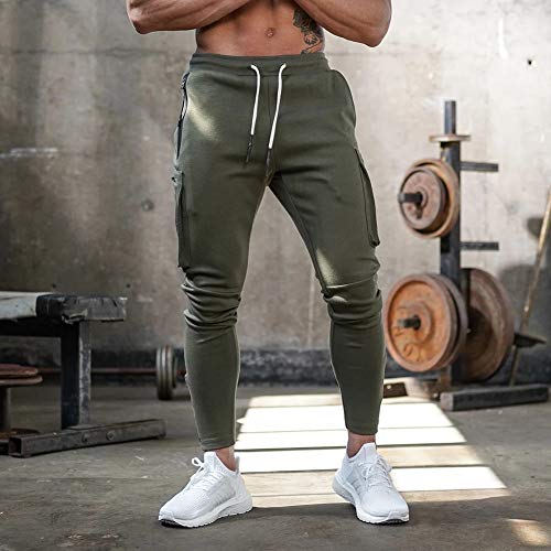 MECH-ENG Men's Active Tack Jogger Pants Fitness TapeArmy Green Sweatpants Slim Fit Trousers with Zipper Pockets(Army Green Small)