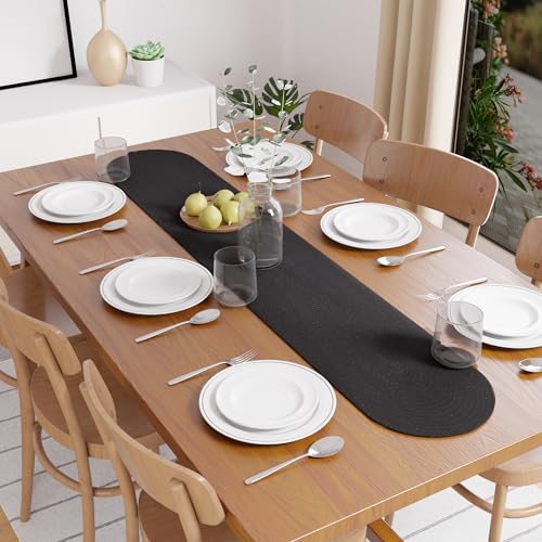 Image of Encasa XO Table Runner for 4 Seater | Handmade Ribbed Style Cotton | 30x137 cm | Black | for Dining & Center Table