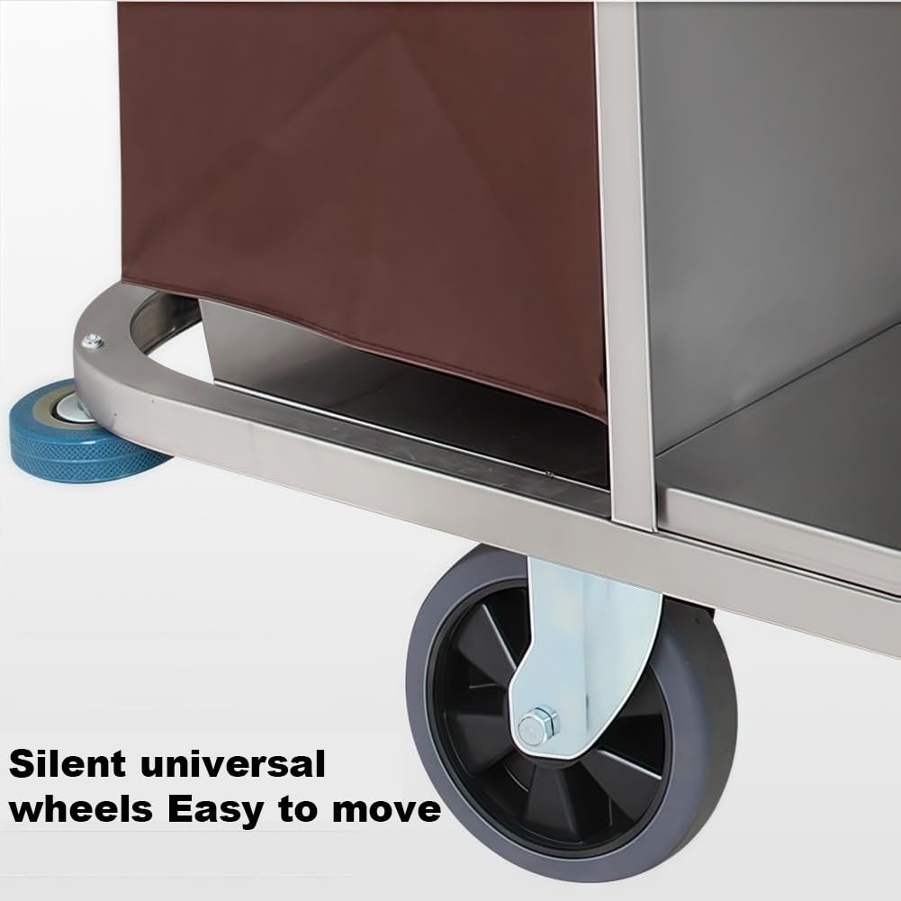Einseitiger Wäschereinigungswagen Aus Edelstahl Mit 4 Stillen Rädern Und 2 Abnehmbaren Stoffbeuteln, Zimmerreinigungsservice, Tragbarer Multifunktionaler Trolley,B