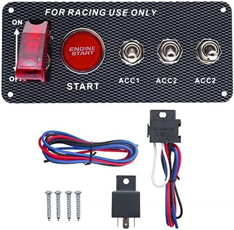 12V Ignition Switch Panel for Race Car Ignition Starter Switches 5 in 1 Ignition Panel with Engine Push Button Carbon Fiber LED Toggle Switches for RV Truck Racing Car Ignition Switch Panel