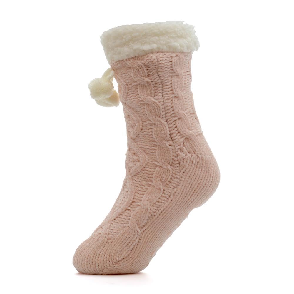 A2Z Ladies Socks Chenille Cable Sherpa Lining Pom Pom Socks - Socks LS947 Pink 4-8
