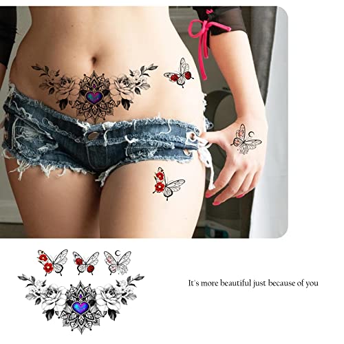 Roarhowl Sexy Temporary Tattoos For Women,Sexy Tattoo Kit, Beautiful And Exquisite,3D Realistic Flowers, Butterflies, Abdomen, Chest, Waist And Back Apply False Tattoos For Girl (Design 1) #TOP1