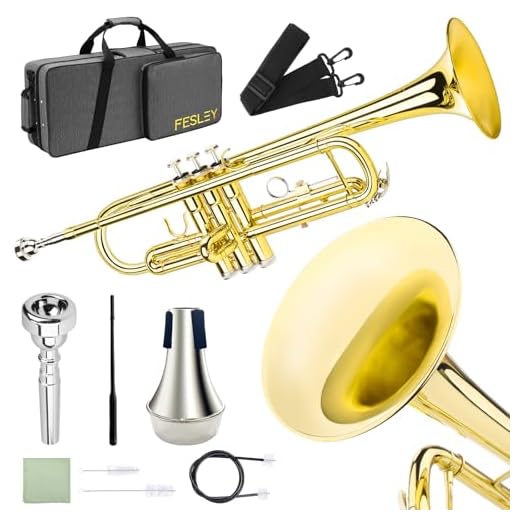 Fesley Bb Standard Trumpet Set: Brass Trumpets for Beginner Student, Brass Trumpet Instrument with 7C Mouthpiece, Hard Case, Cleaning Kit (Golden)