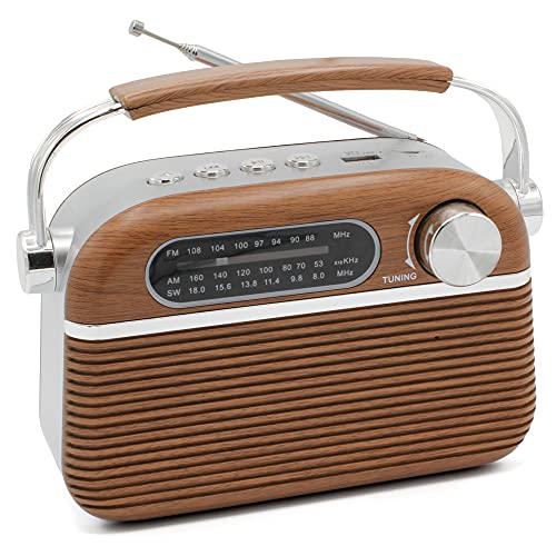 FISHTEC ® Radio Vintage Design Rétro USB / MP3 / Lecteur Micro SD - Portable - Antenne Rétractable - Fonctionne sur Pile et Secteur - 20 CM x 12 CM - Motif Bois et INOX