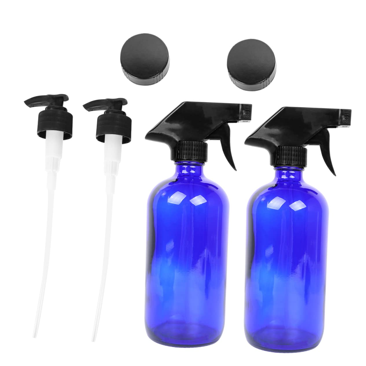 WOONEKY 2 Botellas de Spray de Vidrio Recargables 500Ml Pulverizador de Niebla Uniforme para Viaje y Maleta Bombas de Presión y Tapas Azules