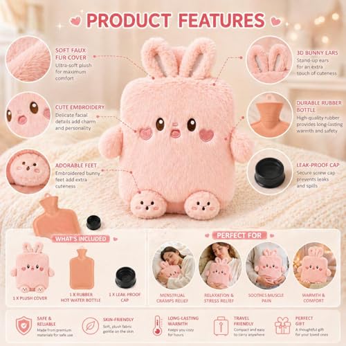 Image of Rabbit Hot Water Bottle with Soft Plush Cover 1 Litre Classic Silicone Bag for Pain Relief, Period Cramps, Hand & Feet Warmer, Leak-Proof Hot & Cold Therapy with Cute Removable Bunny Sleeve