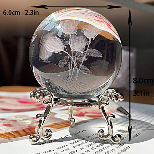 HDCRYSTALGIFTS 60mm Rose Flowers Crystal Ball with Stand Decorative Paperweight 3D Laser Engraved Glass Ball Sphere Novelty Home Decor Gift