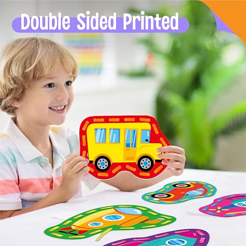 Image of SpriteGru 9 Pieces Kids Lacing Cards, Double Sided Vehicle Sewing Cards with 9 Colorful Laces, Imagination Development Lacing Toys Games for Children Educational and Learning Activity