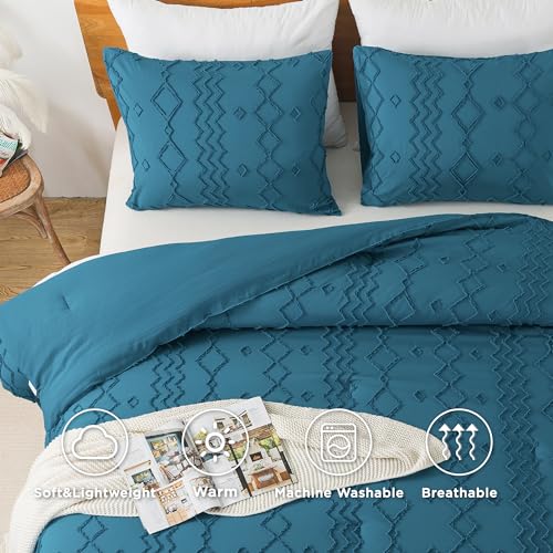 Image of Andency Teal Tufted Comforter Set Full(79x90Inch), 3 Pieces(1 Boho Comforter, 2 Pillowcases) Textured Farmhouse Bed Set, Soft Down Alternative Geometric Bedding