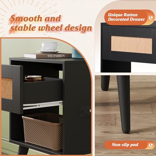 Image of WLIVE Black Rattan Night Stand with Charger Station, Small Side Table Drawer Storage and Shelf, Mid Century Nightstands with Rattan Decor, Small Side Table for Bedroom, Black