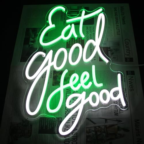 Image of Eat Good Feel Good Neon Signs for Restaurant Kitchen Snack Shop Party Decor | Dimmable Food Neon Light, Green White Letter LED Sign, Health Neon Light Up Sign, Acrylic Wall Art, USB Powered, Easy to Hang