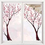Floral Static Cling Decorative Window Privacy Film, Sakura Tree Cherry Blossom, Glass Film No Glue Anti-Uv Window Sticker, for Bathroom Home Office Removable Door Window Covering, W23.6 X H47 Inch