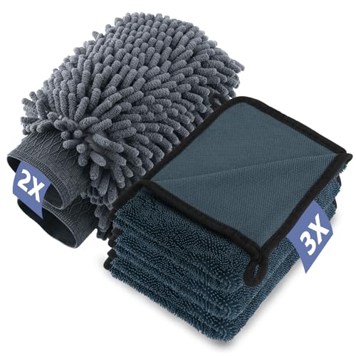Foydream Kit Limpieza Coche, 3 Piezas Toalla Secado Coche y 2 Piezas Manoplas de Lavado, 600GSM Bayetas Microfibra para Secar Sin Arañazos y Pulir, Balletas para Vehículos Coches y Motos (40 x 30 cm)