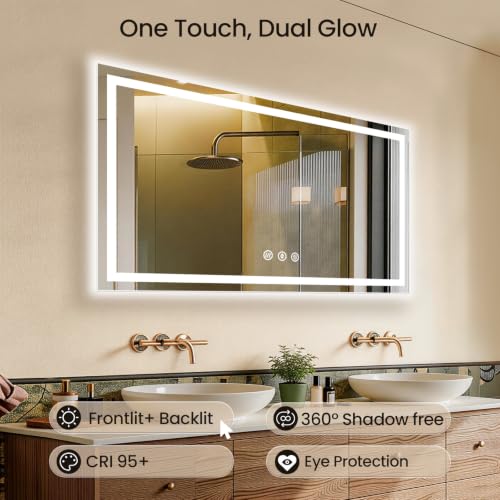 Image of 55x30 LED Bathroom Mirror with Anti-Fog, Backlit & Front Lit, Memory | Stepless Dimmable 3 Color CRI 95+ Shatterproof Tempered Glass ETL Listed for Safety Lighted Bathroom Vanity Mirror for Wall