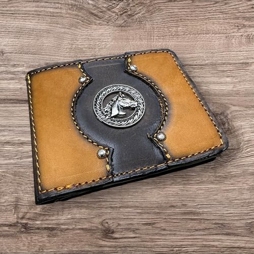 Men’s Short Bi-Fold Leather Wallet – Two-Tone Light and Dark Brown – Horse Concho – Western Cowboy Wallet for Ranch and Rodeo Style2