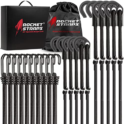 Rocket Straps Paquete de 20 cuerdas elásticas ajustables de alta resistencia de 36 pulgadas con ganchos dobles en J | Surtido de cuerdas elásticas y bolsa incluida