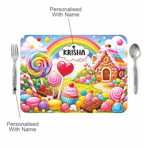 Image of Customized Table Mat with Name & Design Engraving | Personalized Dining Mat with Spoon & Fork | Customized Birthday Gift for Kids (Candy)
