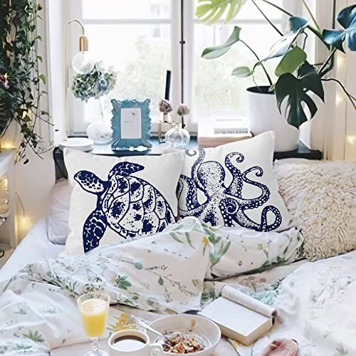 Hiwx Nautical Coastal Beach House Sea Life Starfish Seahorse Decorative Pillowcase Throw Pillow Cover, Ocean Themed Sea Turtle Octopus For Sofa Bed Room Home Decor 18 X 18 Inch Set Of 4 Pillow Case #TOP2