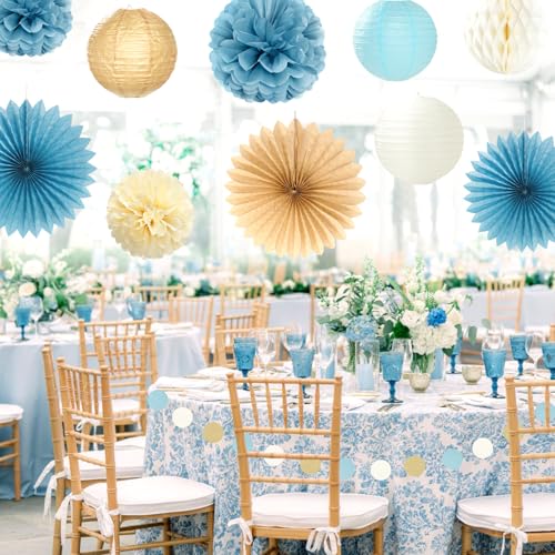 Image of Beige-Champagne-Blue Boho Bachelorette Party-Decorations - 21pcs Women Bridal Shower Banner Garland,Bride To Be Paper Streamers Lanterns,Flower Tissue Pom Poms Fan Favors Wedding Decor Huglony