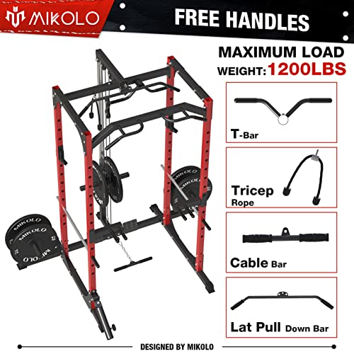 Mikolo Power Cage With Lat Pulldown System, 1200 Pounds Capacity Power Rack, Multi-Functional Squat Rack With 13-Level Adjustable Height And J-Hooks, T-Bar, F4-301 #TOP4
