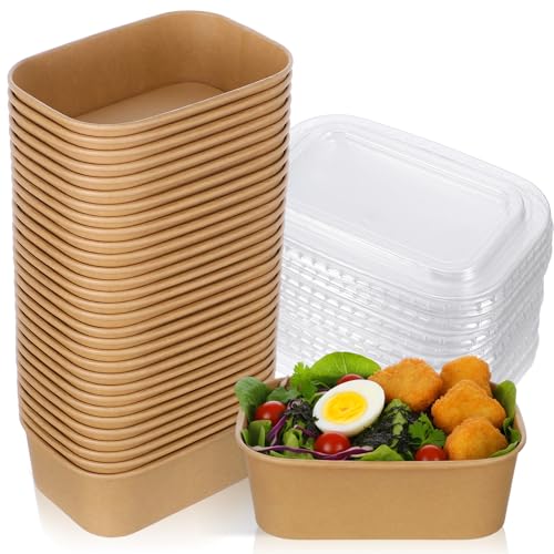 50pcs 22oz Disposable Bowls with Lids Rectangle Paper Food Containers