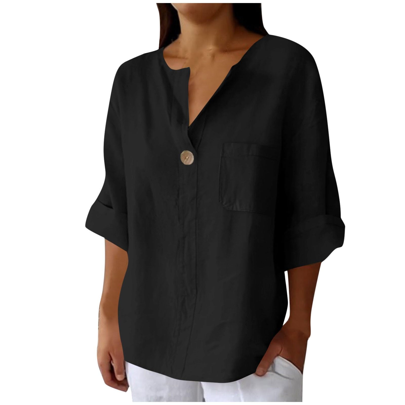 Women's Linen Shirt Button Down V Neck Trendy Solid Blouse 3/4 Sleeves Casual Loose Fit Tunic Tops Summer T Shirts