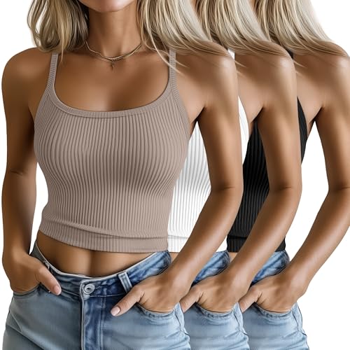 Ficerd 3 Pack Women's Spaghetti Strap Ribbed Tank Tops Scoop Neck Cotton Crop Camisole Slim Fitted Basic Sleeveless Layer