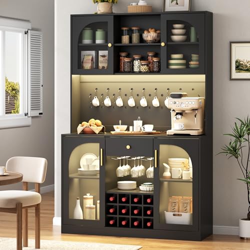 Gyfimoie 71.6\'\' Tall Wine Bar Cabinet with Led Light - Whiskey Liquor Cabinets with Pegboard & Glass Doors, Coffee Hutch Cabinet with Drawers & Wine Racks, Large Black Coffee Bar for Kitchen (Black) - Thumbnail 3