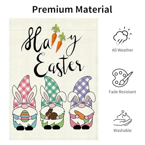 Ouwealy Easter Garden Flag 12x18 Inch - Cute Bunny Ear Gnome Trio with Egg & Carrot, Double-Sided "Happy Easter" Outdoor Decor for Patio Yard Easter Decorations — view 4