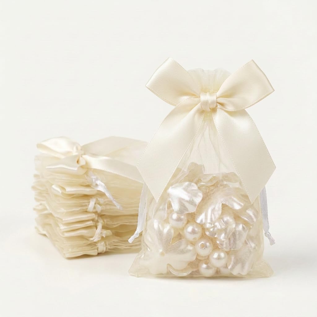 50Pcs Cream White Organza Bags Medium - Organza Drawstring 10x15cm with Bow