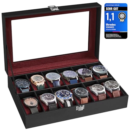 SONGMICS Uhrenbox mit 12 Fächern, Uhrenkasten, Glasdeckel, Uhrenkoffer, herausnehmbare Uhrenkissen, Metallverschluss, Geschenkidee, PU-Bezug in Schwarz, Samtfutter in Weinrot JWB120R01
