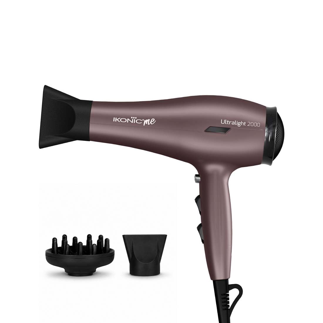 ikonic me ultralight professional hair dryer 2000 watts with nozzle, diffuser, hot and cold air feauture, 2 speed 3 heat settings with cool shot, hanging loop, for both men and women, suitable for all hair types, 1 yr warranty, mauve