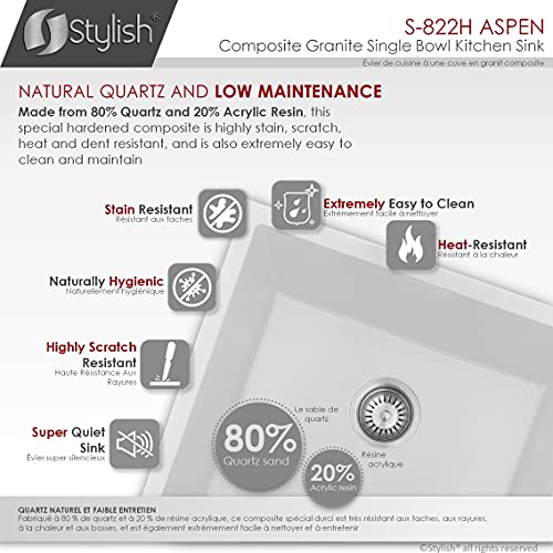 Stylish Dual Mount Granite Composite Single Bowl Bar Sink With Regular Strainer (22" L X17.5" W, White) S-822H #TOP1